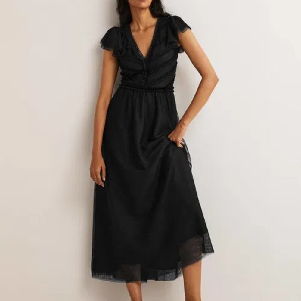 Boden V-Neck Tulle Maxi Dress NWT Black Ruffle Flutter Tiered Sz 8 Petite NWT